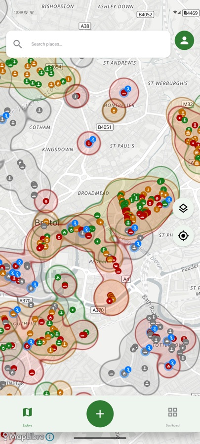 UBSightings Android app — zoomed map view of sites across central Bristol