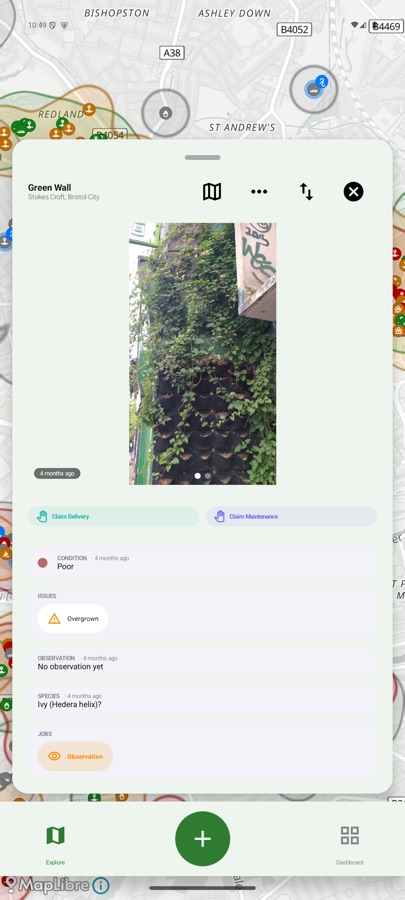 UBSightings Android app — a green wall's site card, with its photo, condition and open jobs