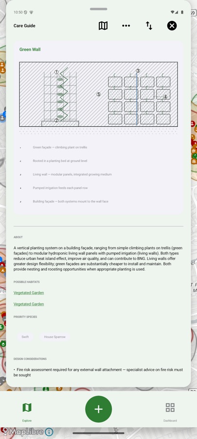 UBSightings Android app — the Care Guide for a green wall, with a labelled diagram and priority species