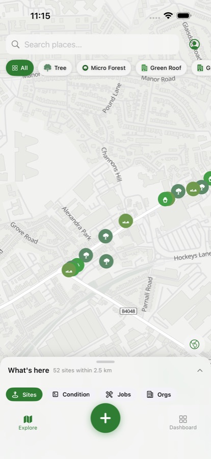 Urban Biome iOS app — map of nearby green infrastructure sites, filtered by type
