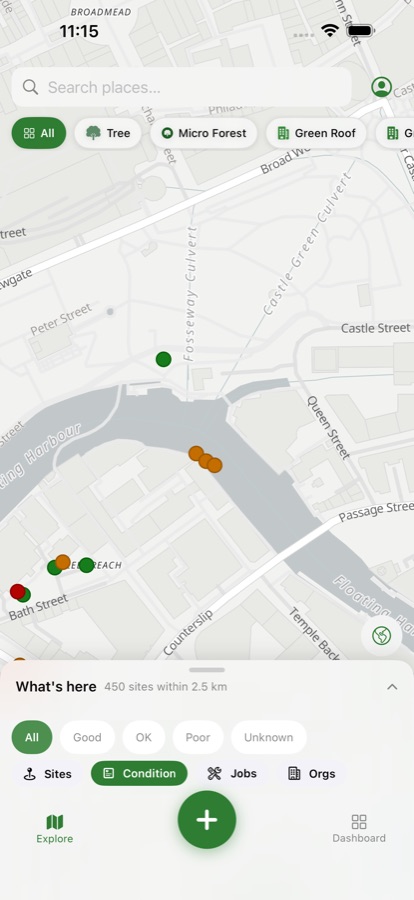 Urban Biome iOS app — the Condition lens, colouring each site by how it is doing